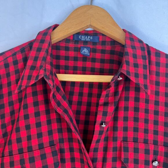 Chaps Red Black Gingham Plaid Button Front Long Sleeve Flannel Shirt Size XL - Picture 3 of 10